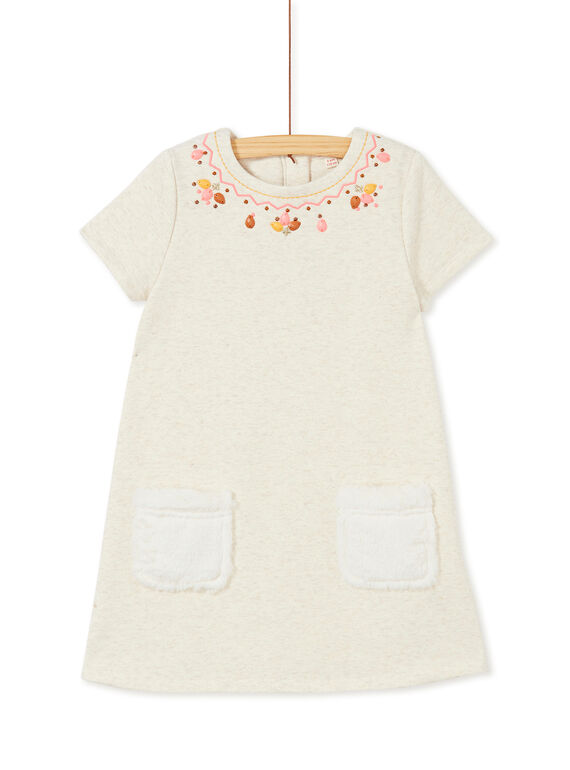 Robe manches courtes fourrée, broderies et perles au col KAGOROB3 / 20W901L2ROB001